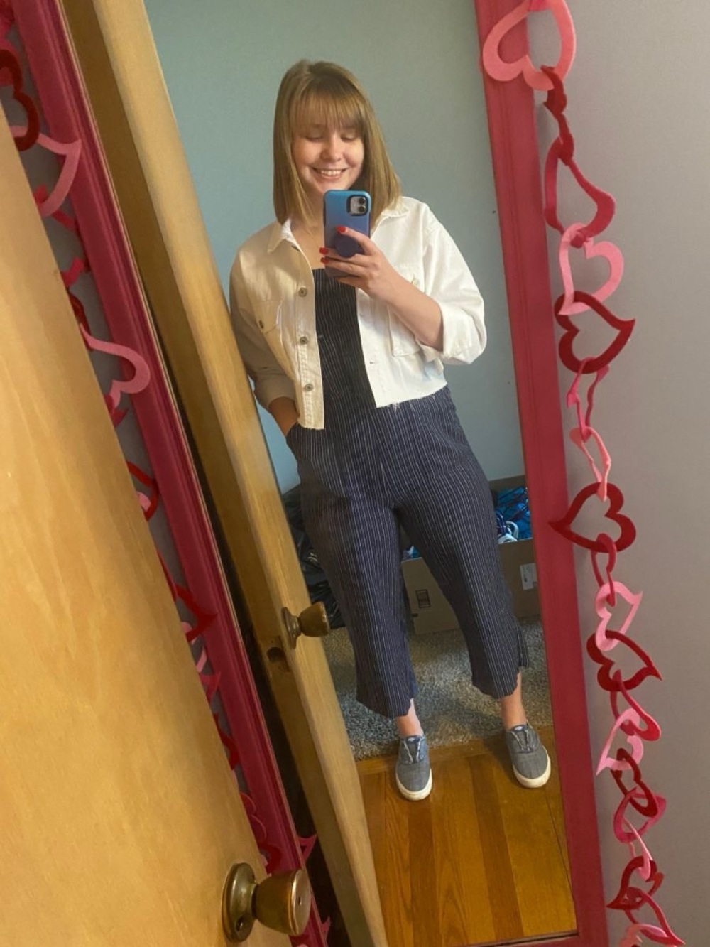 Old Navy Navy Pinstripe Cropped Jumpsuit